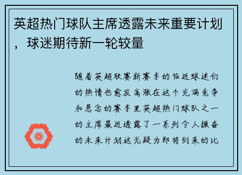 英超热门球队主席透露未来重要计划，球迷期待新一轮较量
